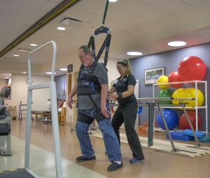 The SafeGait works to help both the patient and his therapist. The G-Force technology in the SafeGait can distinguish between intentional and nonintentional movement, eliminating falls. (Provided by Gorbel)
