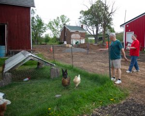 Paul Montanarello of Greece shows his autistic son Michael, 24, the chickens at the farm.