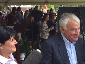 Roberts President Deana L. Porterfield, left, joins philanthropist B. Thomas Golisano in answering media questions about his historic gift to the college. (RBJ Photo by Diana Louise Carter)
