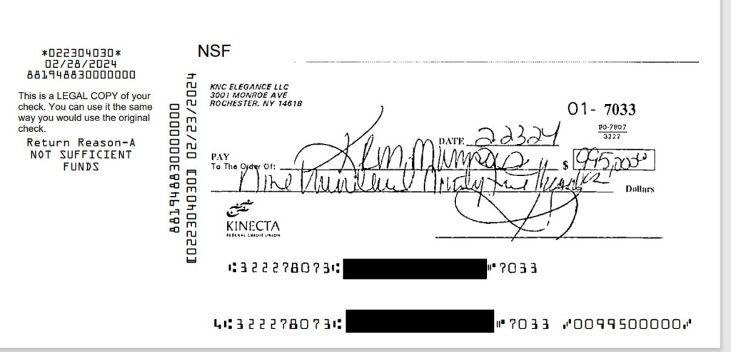 Katherine Mott is accused of a check kiting scheme that left Five Star Bank with almost $19 million in overdrafts. This image shows one of the checks returned for insufficient funds that accompanied a complaint against Mott that was filed Monday in federal court. (Court records)