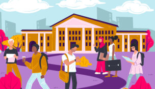 Students walking by educational establishment, teenagers by university or college. People with books and satchels spending time outdoors. Obtaining knowledge on new semester, vector in flat style by Depositphotos