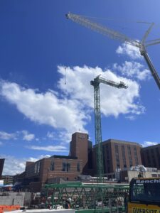 A free-standing crane was recently erected at the site of the Strong expansion project, which will lift nearly every component of a new patient tower into place. (Photo provided by URMC)