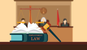 Employment Law books with a judges gavel , judicial system set and three judges blured background Conceptual Law and justice set icon, Vector illustration.