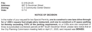 The city of Rochester Planning Commission unanimously denied special permits for a quick-serve restaurant on South Goodman Street, ruling a drive-thru was no appropriate or prudent for the neighborhood. (Screen shot of Planning Commission's Notice of Decision cover letter)