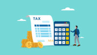 annual income tax filing, Doing taxes accounting and annual financial paperwork, tax form or annual notification of monthly duty and debt, businessman standing near a big calculator tax and calendar by Depositphotos
