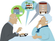 illustration showing seniors considering housing options (Depositphotos)