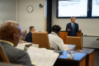 Rick Lagiewski, co-director of Executive Education, External Engagement, leads a discussion with students during the Executive MBA Orientation at Saunders College of Business. (Travis LaCoss/RIT)