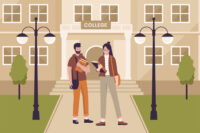 Flat design of college students in university. Illustrations for websites, landing pages, mobile apps, posters and banners. Trendy flat vector illustration (Depositphotos)