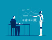Illustration of man seated at desk with robot standing (Depositphotos)