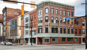 The revitalized Harper's Corner, as viewed from the southeast corner of Main Street and Clinton Avenue. (Photo provided by Home Leasing)