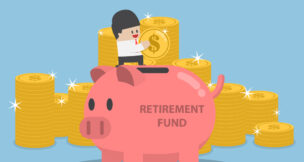 Businessman putting coin into piggy bank with word retirement fund, retirement plan concept by Depositphotos