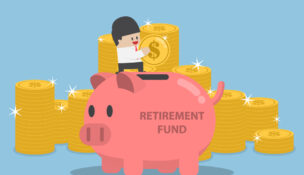 Businessman putting coin into piggy bank with word retirement fund, retirement plan concept by Depositphotos