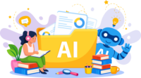 Cartoonish AI illustration with blue robot by Depositphotos