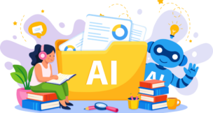 Cartoonish AI illustration with blue robot by Depositphotos