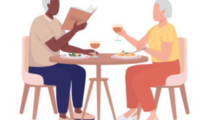 Elderly couple having dinner together semi flat color vector characters. Sitting figures. Full body people on white. Simple cartoon style illustration for web graphic design and animation by Depositphotos