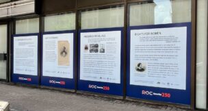 First Federal Plaza on East Main Street is one of three buildings in downtown Rochester displaying historical window decals as part of America 250. (Photo provided by Rochester Downtown Development Corp.)