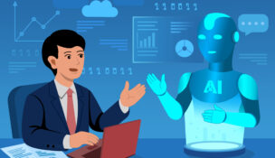 cartoon AI illustration of man and robot by Depositphotos